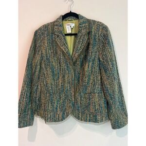 Coldwater Creek Womens Textured Tweed Blazer Jacket XL Green Yellow Wool Blend